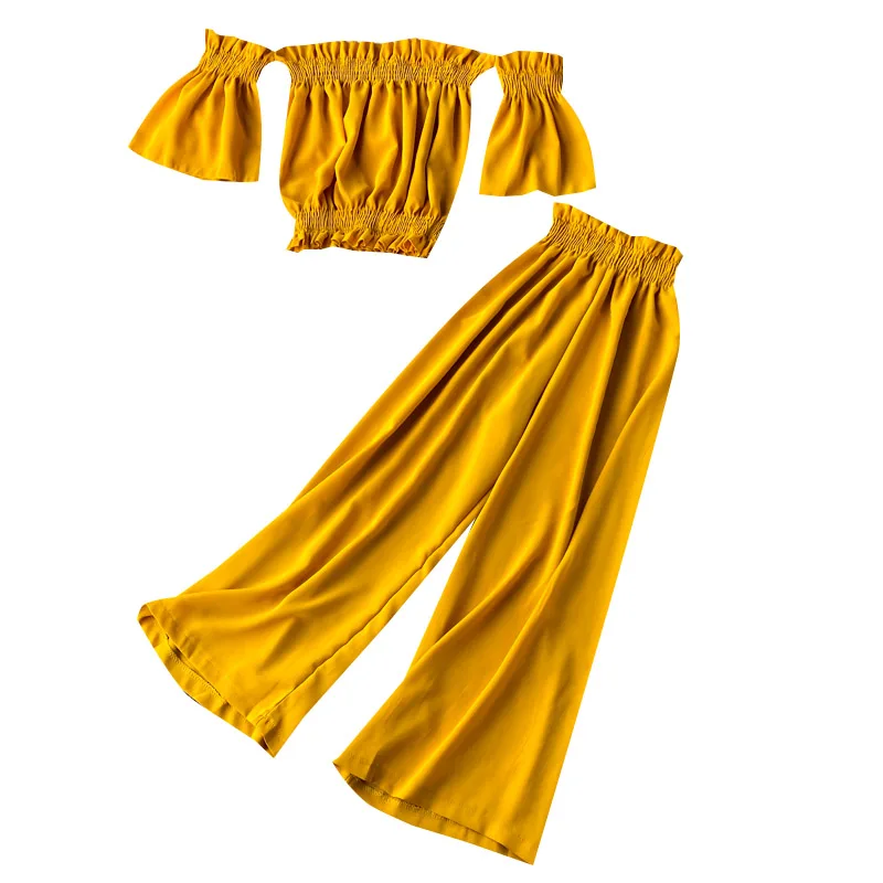 

Summer Women's Sets Fashion Solid Slash neck Crop Top + High Waist Wide leg pants Sexy 2 Piece Sets Chiffon Womens Outfits