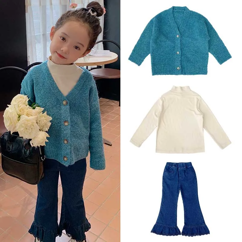 

Children Girls Sweater 2022 Autumn New Children's Korean Version V-neck Knitted Cardigan Girls Coat