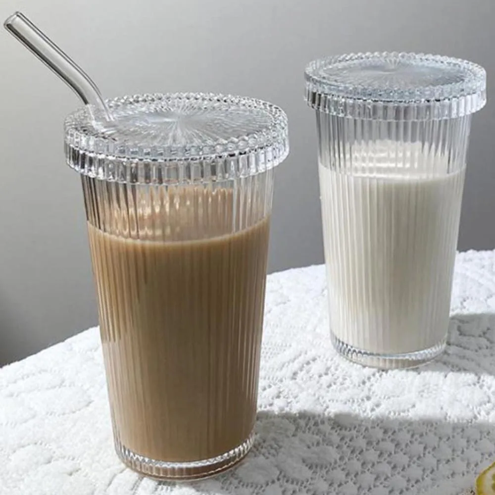 

Transparent Latte Coffee Tea Cup 375ML Stripe Glass Cup With Lid Straw Juice Glass Beer Can Milk Mocha Cups Breakfast Mug