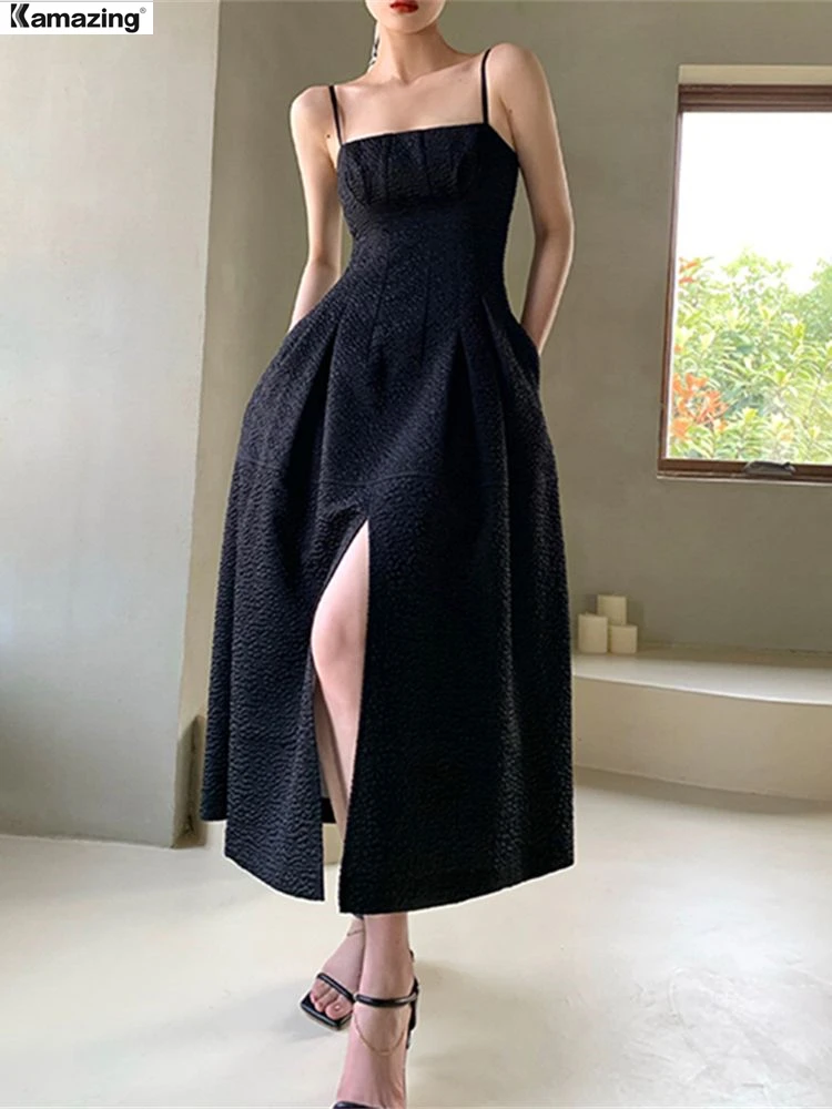 

Summer Elegant Women Spaghetti Strap Dress Split Lady Fashion Sexy Party Dress Classic Maxi Female Vestidos New