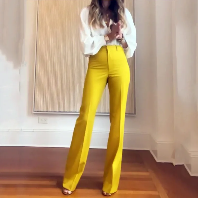 Fashion European And American Women's Suit 2023V Neck Long Sleeve Loose Top Flare Pants Solid Color Two-Piece Set