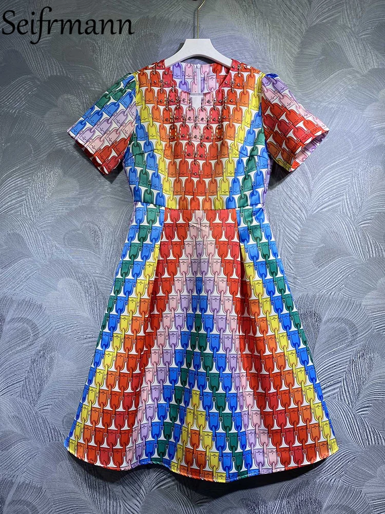 Seifrmann High Quality 2023 Summer Women Fashion Designer Midi Dress Short Sleeve Multicolor Print Big Swing Lady A-Line Dresses