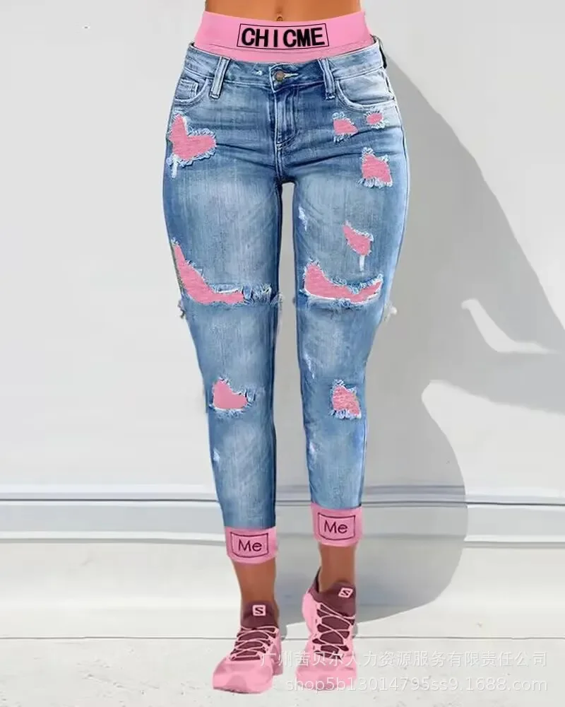 

Имитация двух частей Лоскутные рваные джинсы с вырезами Женские до щиколотки модные повседневные брюки-карандаш с высокой талией джинсовые