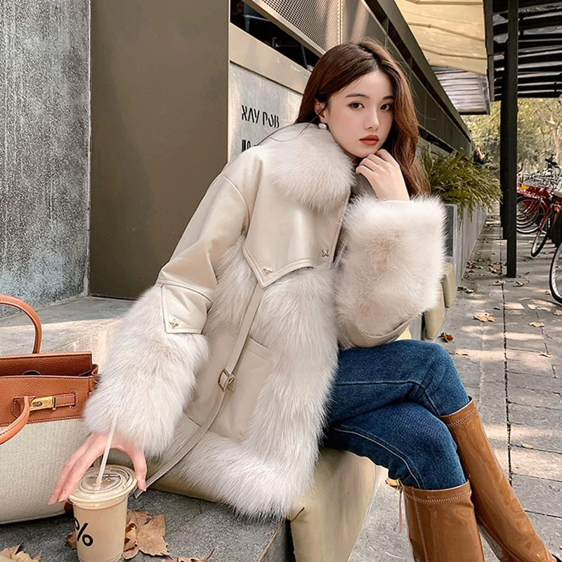 New Faux Fox Fur PU Leather Stitching Faux Fur Coat Women Fall Winter Clothes Lapel Loose Was Thin Warm Outerwear куртка женская