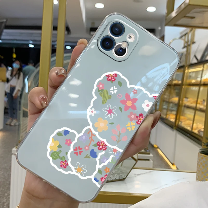 

Flower Bear Phone Cases For iPhone 11 12 Pro MAX 6 6S 7 8 Plus X XS XR 12 13 Mini SE 2020 Transparent Protect Shockproof Soft