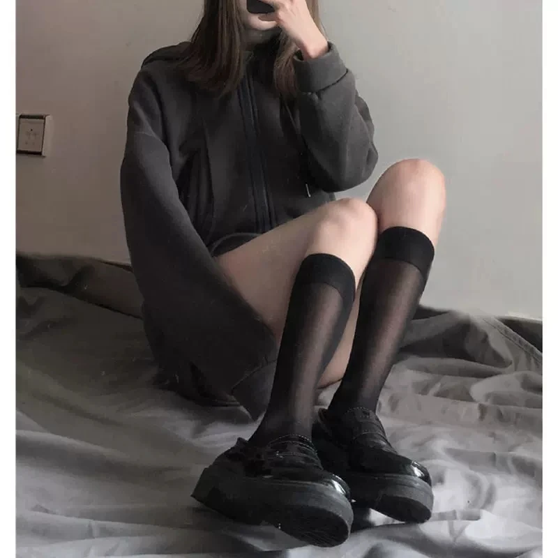 2pairs Lolita Summer Socks Silk Knee Socks Tube Jk Girls Long Socks White Black Half Sock Lolita Nylon Knee Lolita Stockings