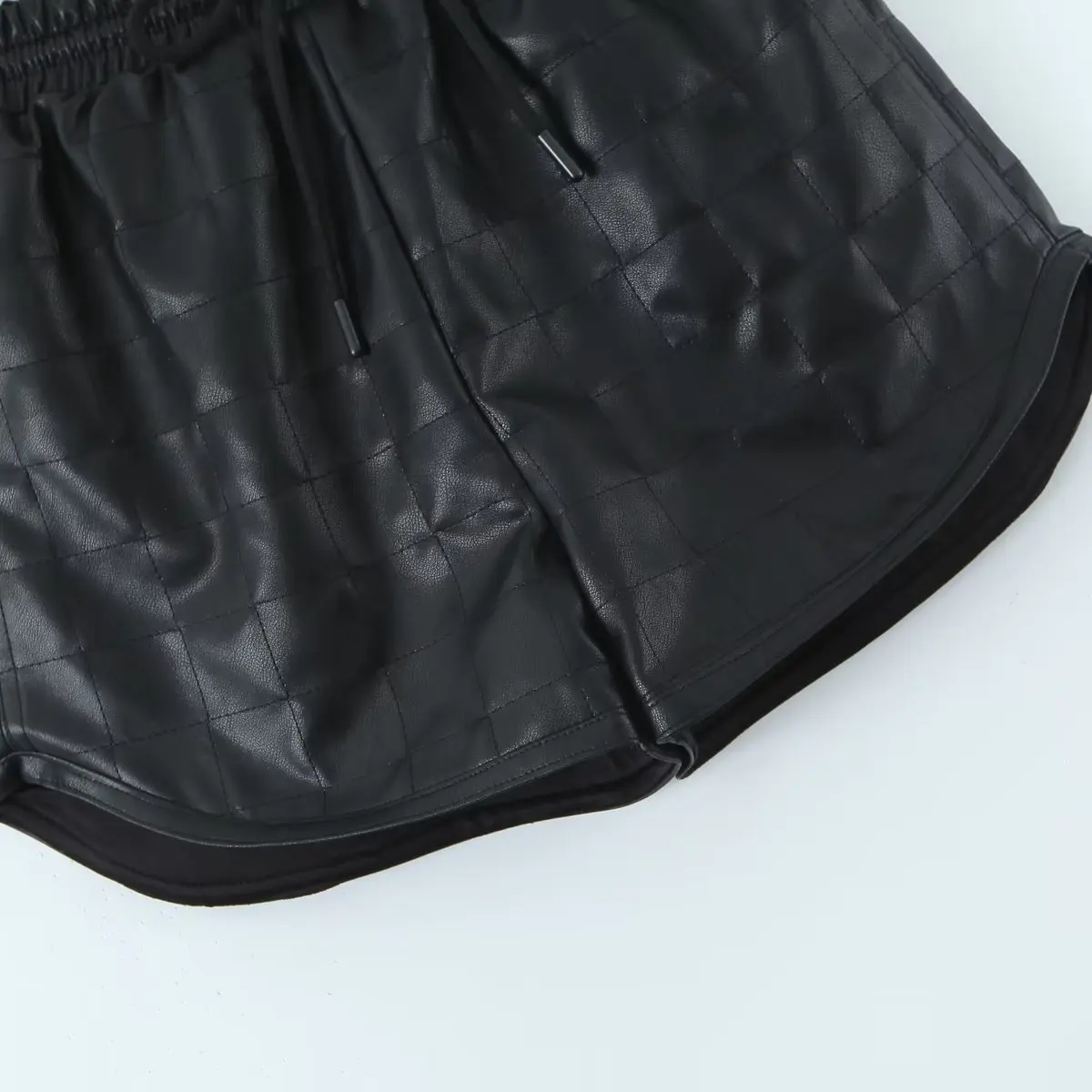 Withered Vintage Plaid Pu Leather Harem Shorts Women Drawstring Bermuda