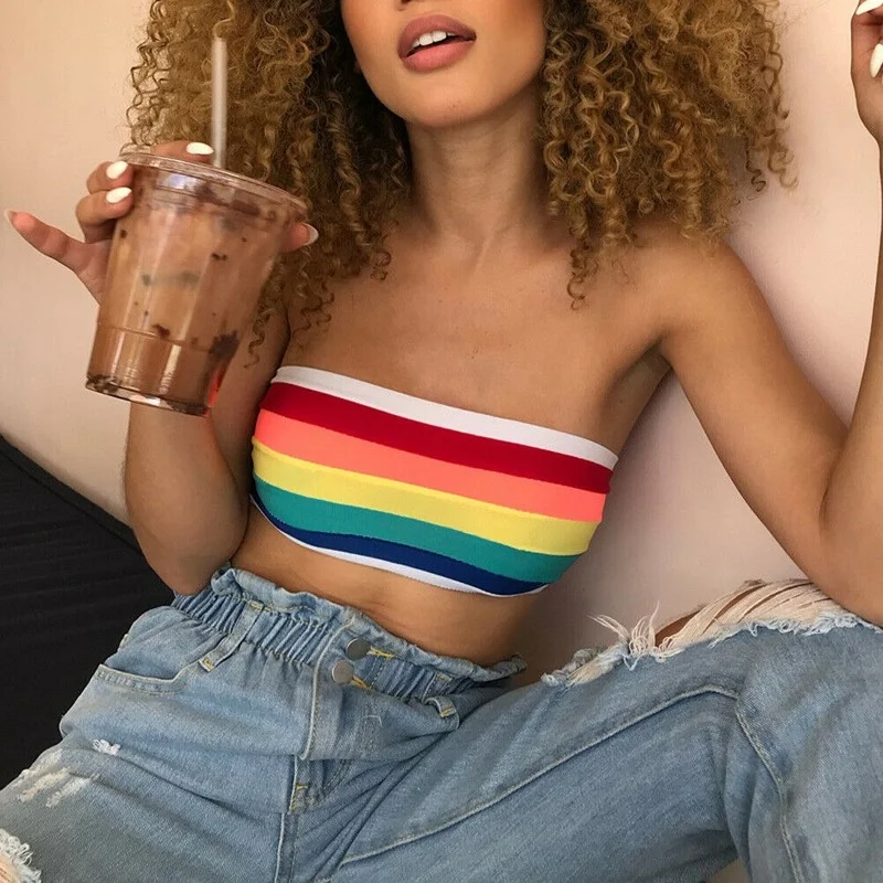 

2021 Summer Sexy Tube Crop Tops y2k Girl Strapless Bustier Stripe Rainbow Bandeau Striped Bralette Brassier Streetwear Women