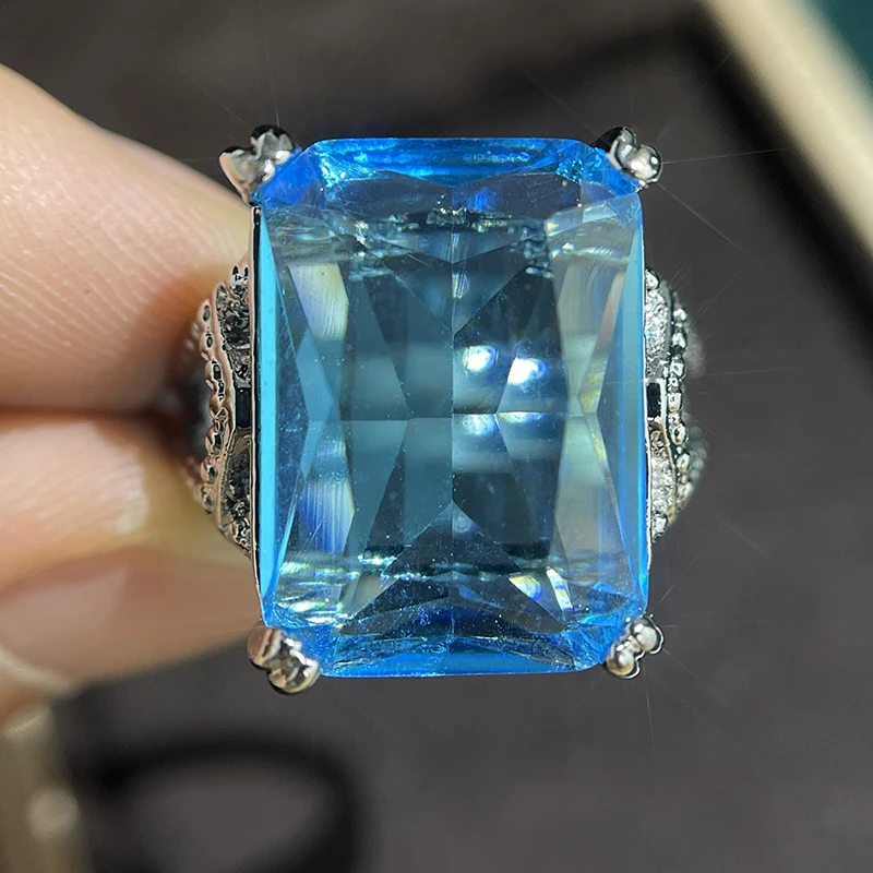 

Original 925 Sterling Silver Aquamarine Gemstone Ring For Women Vintage Sparkling Birthstone Square Big Stone Jewelry Handmade