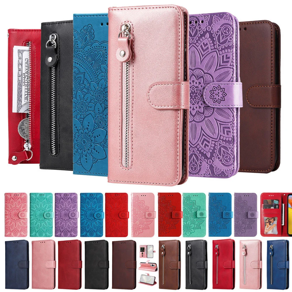 

Flip Leather Case For Oppo A7 A72 A73 A74 A76 Card Wallet Phone Book Cover Zipper Solid Color Embossing Housing Stand Fundas