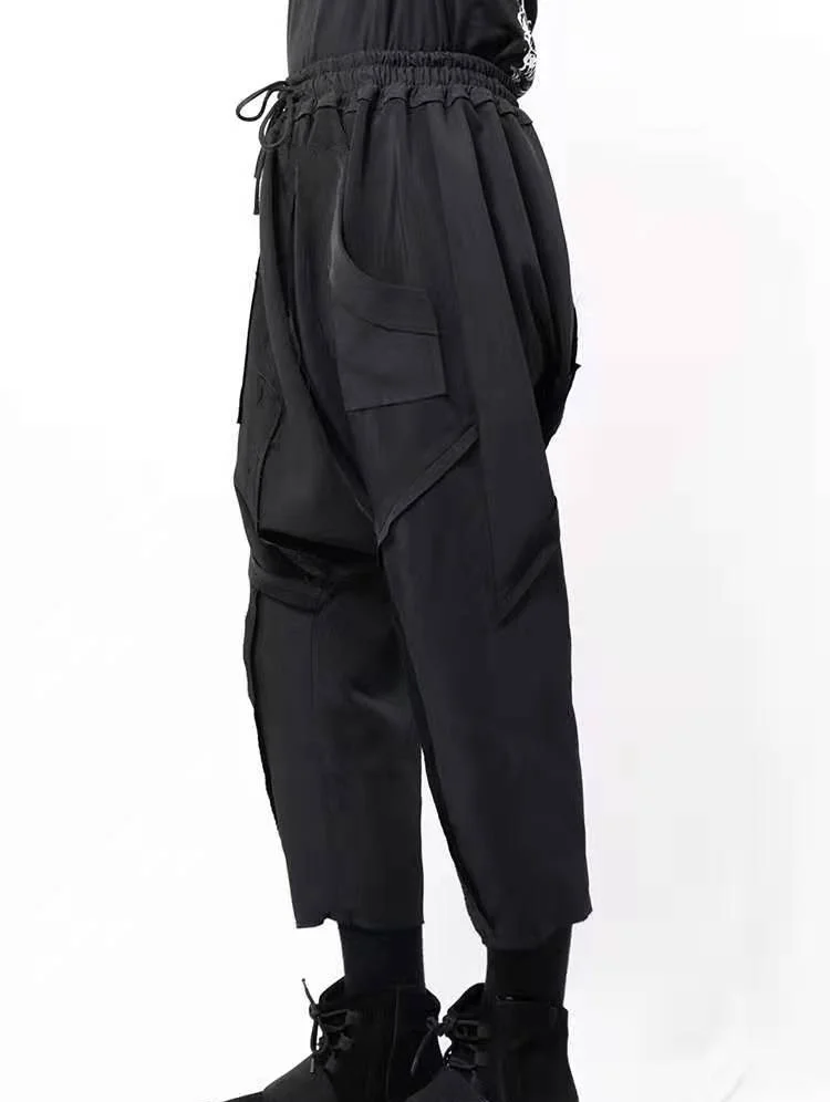 

Black Men's Pants Low Crotch Large Casual Men's Pants Solid Color Simple Casual Pants Lace Up Capri Pants Low Crotch Black Casua