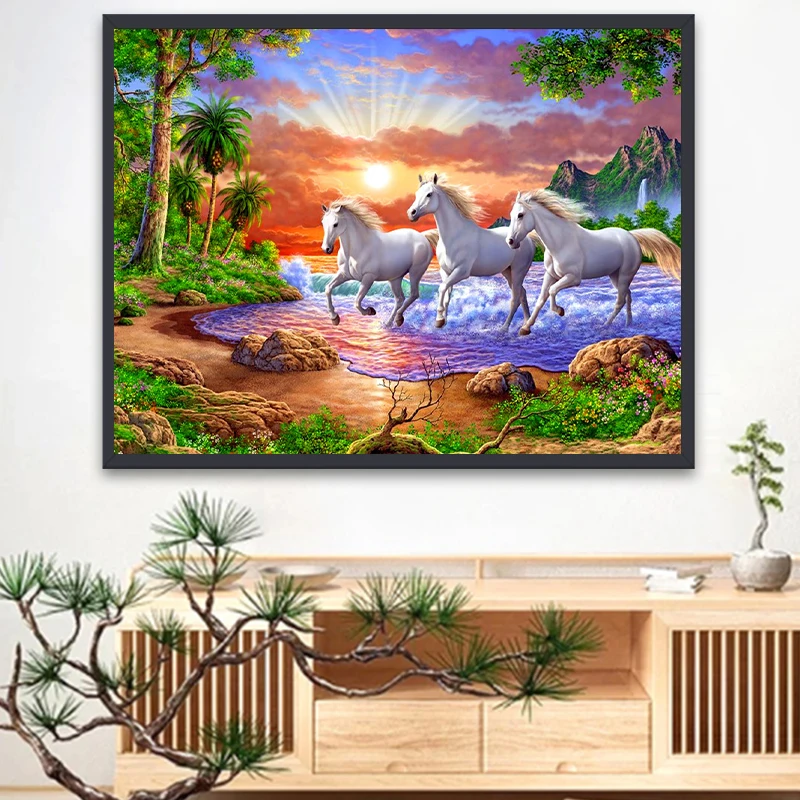 

5D Diamond Painting Animal Diamond Embroidery Round Horse Cross Stitch Set Home Scenery Mosaic Decorative Painting