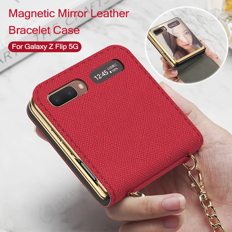 

GKK Original Case For Samsung Galaxy Z Flip 5G Case Leather Magnetic Mirror Card Package Bracelets Cover For Samsung Z Flip 5G