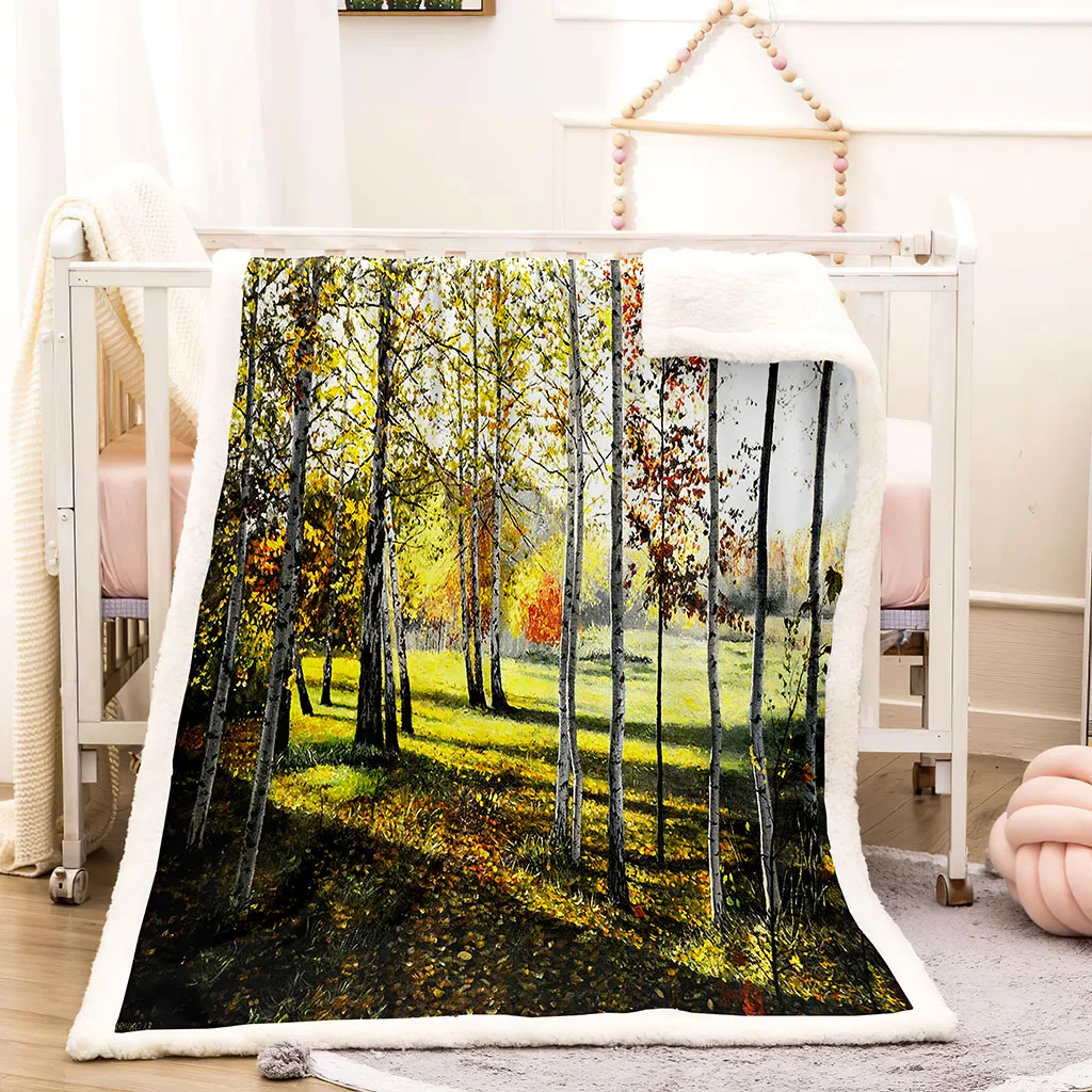 HUANZHUANG Плед Для Кровать Принт Двойной Диван 3D Пейзаж Березового Леса Одеяло Шерпа