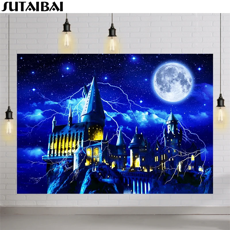 Magic Castle Witch Photography Backdrop School Halloween Night Moon Lightning Background Party Decoration for Kids Portrait