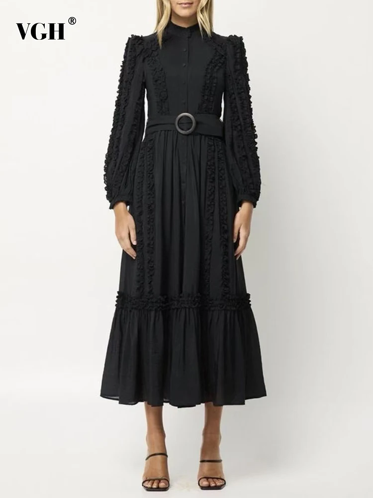 

VGH Black Patchwork Edible Tree Fungus Dress For Women Stand Collar Long Sleeve Sashes Lace Midi Dresses Female 2022 Clothes New