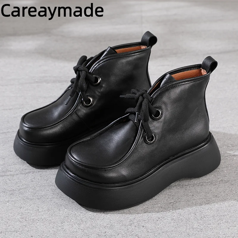 

Careaymade-Genuine leather women's boots,retro handmade cowhide lace up short shoes,ethnic style cake thick soled women's shoes