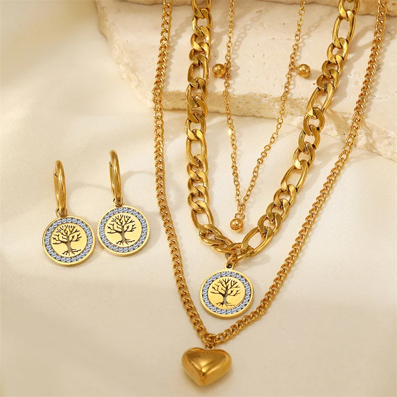 316L Stainless Steel Multi-layer Chain Love Tree Of Life Pendant Necklace Earring Women's Jewelry Set
