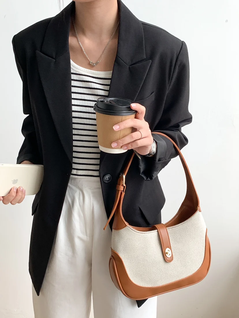 French Elegant Ladies Hobo HandBag Summer Women Pu +canvas Stitching Underarm Bag Fashion Armpit Bag for Female 2022 New