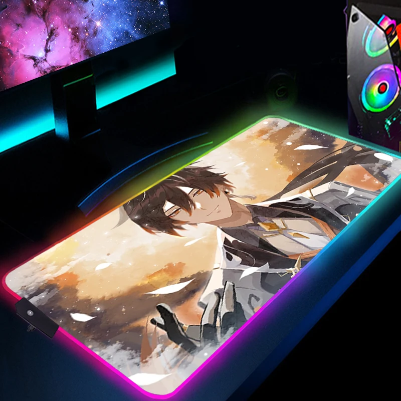 

Zhongli Mouse Pad RGB Desk Mat GenshinProtector LED game Pc Gamer Accessories Luminous Backlight With wire Mousepad Keyboard