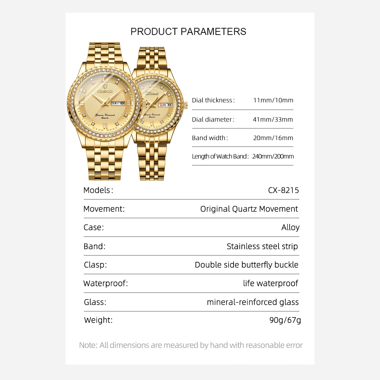 CHENXI Couple Lovers Mens Women Luxury Watches Multifunctional Stainless Steel Luminous Calendar Week Quartz Rhinestone Watches