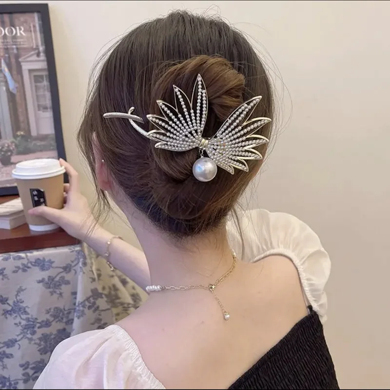 

Заколка для волос в новом стиле, роскошный светлый зажим с супер сверкающим Кленовым листом, Большая пластина, жемчужная шпилька для волос