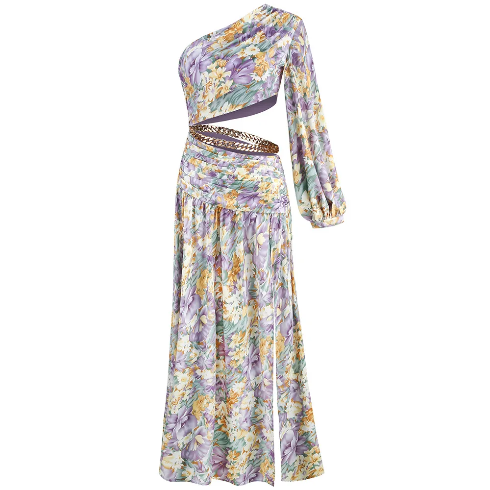 

Женское платье с одним открытым плечом и цветочным принтом