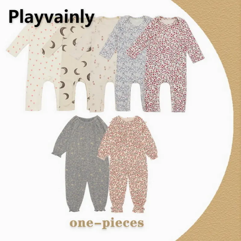 

Детский хлопковый комбинезон с цветочным рисунком и оборками, с круглым вырезом и длинным рукавом, цельный комбинезон, Одежда для новорожденных E22050