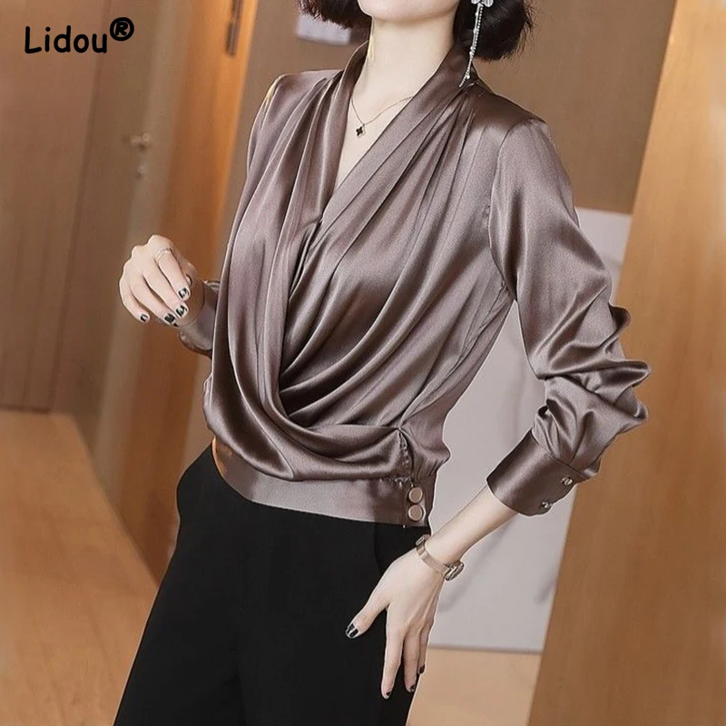 

Elegant Fashion Asymmetrical Loose Long Sleeve T-shirt Solid Color Comfortable Popularity Chiffon Tops Supple Women's Clothing