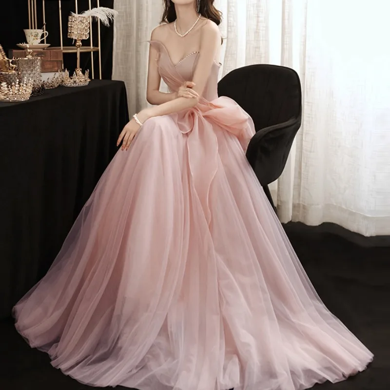 

Sweet Pink Prom Dresses Women Evening Sexy Pearls Strapless Vestido Longo Festa 2023 Simple Elegant A-line Long Evening Dress
