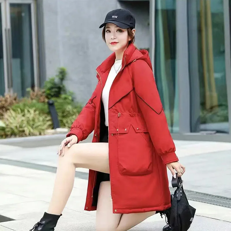 High-End Parker Down Jacket Women Winter 2022 New 90 White Duck Down Medium Length Hooded Waist Matching Thick Warm Coats Female