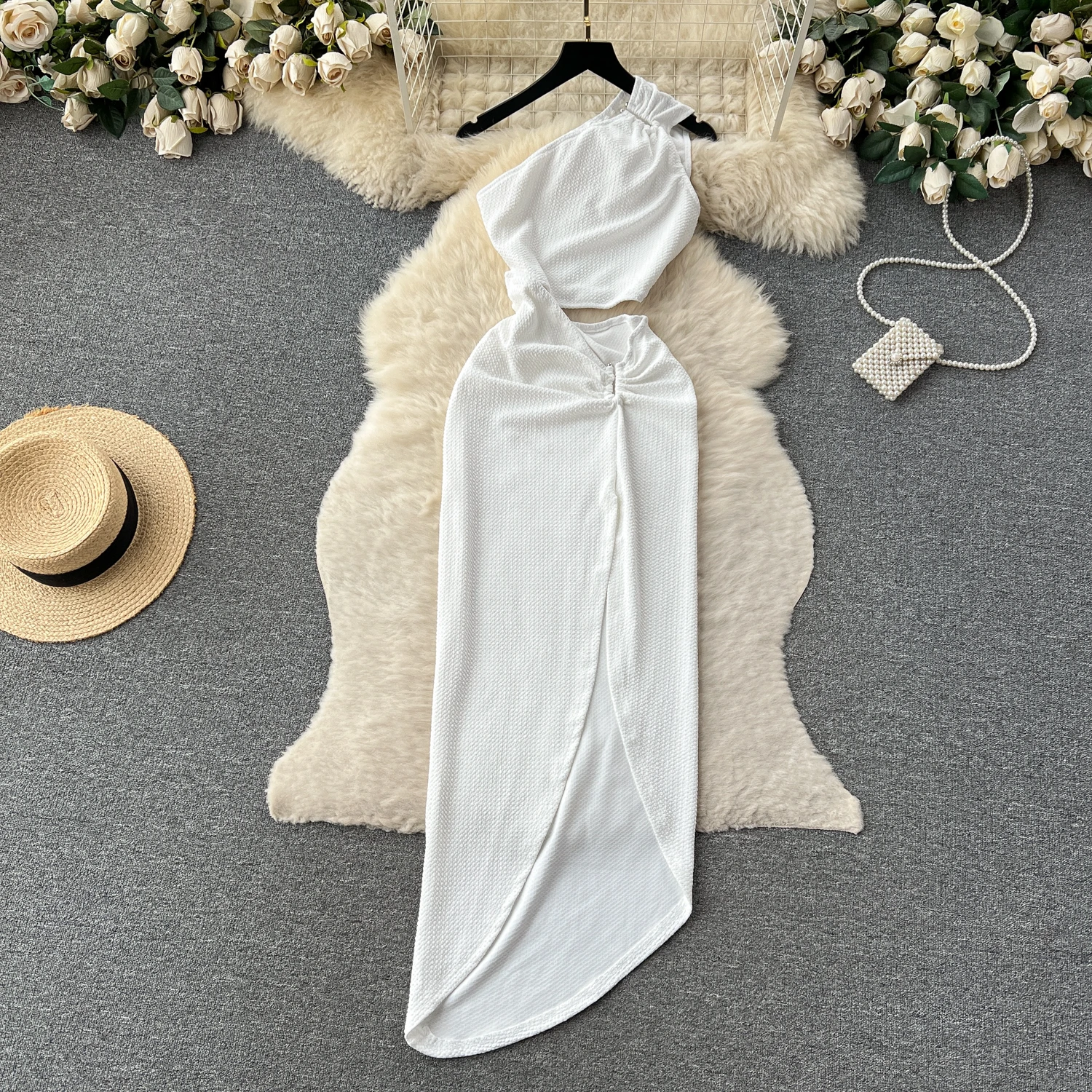 

Clothland Women Sexy White Cut Out Dress Inclined Shoulder Skew Collar Sleeveless High Split Party Club Maxi Dresses QC637