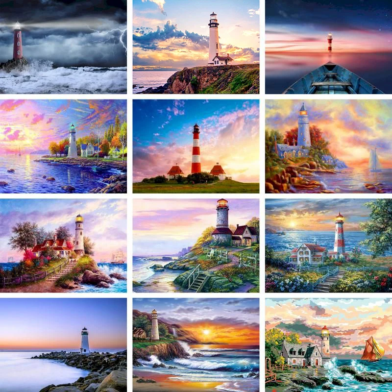 

Lighthouse DIY Painting By Numbers Scenery Picture Colouring HandPainted Oil Painting Unique Gift