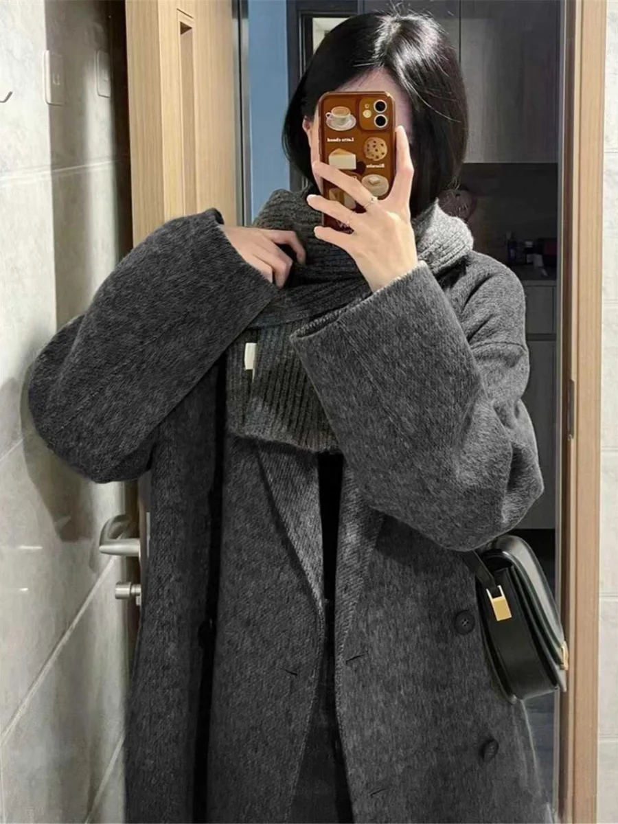 Осень-зима 2024 новое серое двустороннее кашемировое пальто женское свободное