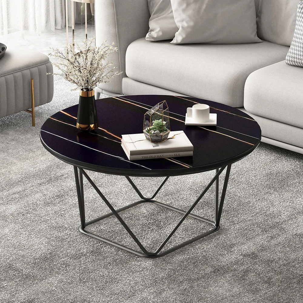 Mesa auxiliar nórdica de lujo para sala de estar, Mesa de centro de arte de hierro Simple para el hogar, Mesa redonda Plegable de mármol de apartamento negro