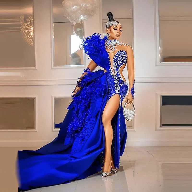 

Gorgeous Major Beading Prom Dresses Sheer Feather Evening Dress Royal Blue African Women Aso Ebi Party Gowns Mermaid Sexy Split
