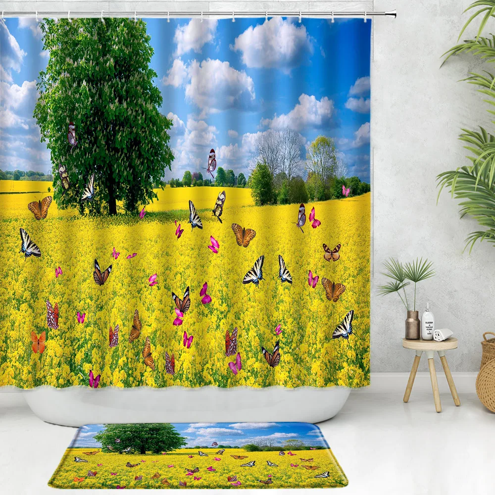 

Занавеска для душа с садовым пейзажем 2 шт., деревянный пасторальный желтый цветочный полевой декор в виде бабочки, коврик для ванной, против...