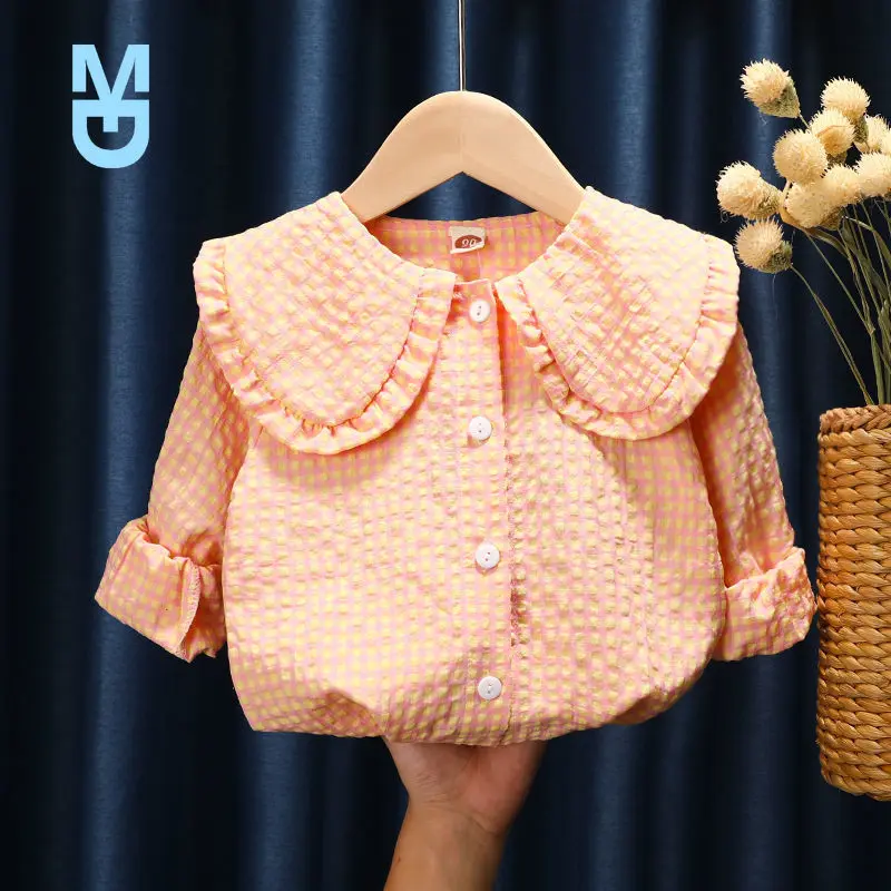 

New Autumn Plaid Shirts Girls Blouse Tops Clothes Long Sleeve Baby Cotton Linen Cardigan Shirt Turn Down Collar Blouse Ropa Para