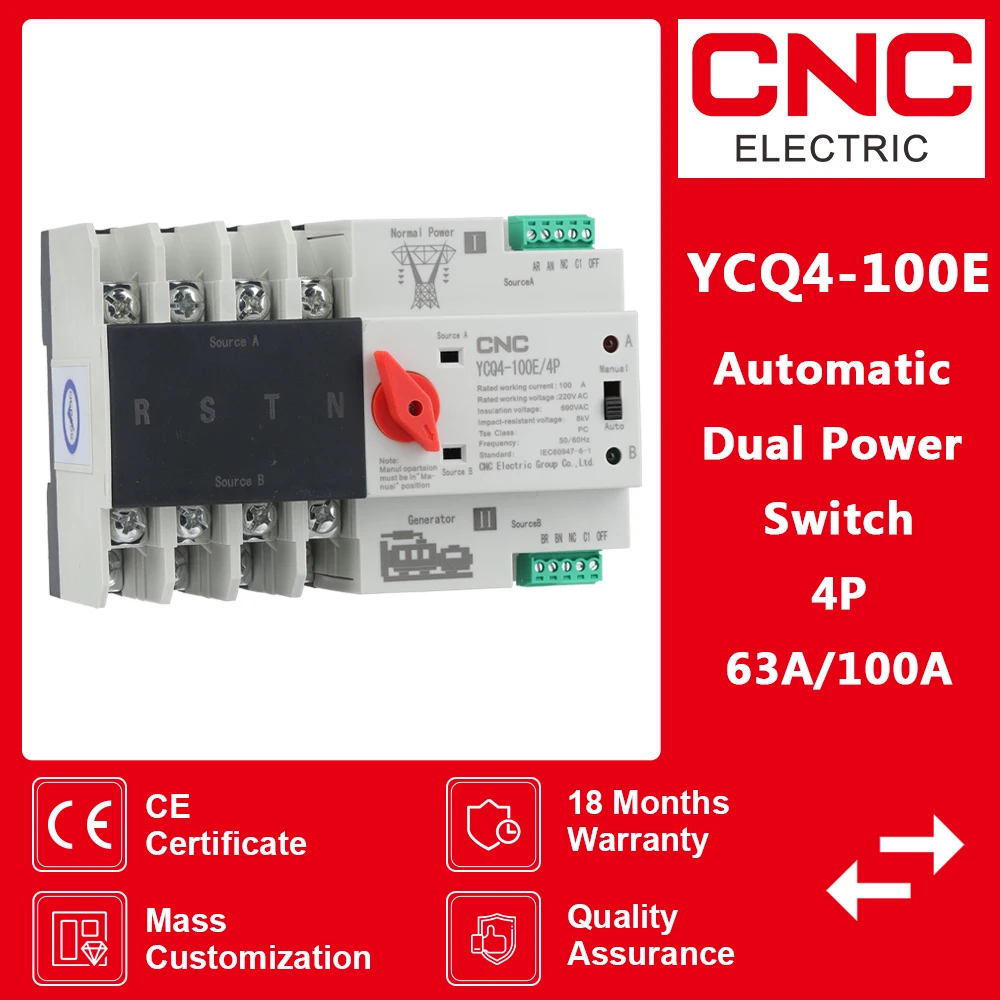 

CNC YCQ4-100E/4P 220V AC 8kA Din Rail ATS Switches Uninterrupted Power Dual Power Automatic Transfer Switch 63A 100A