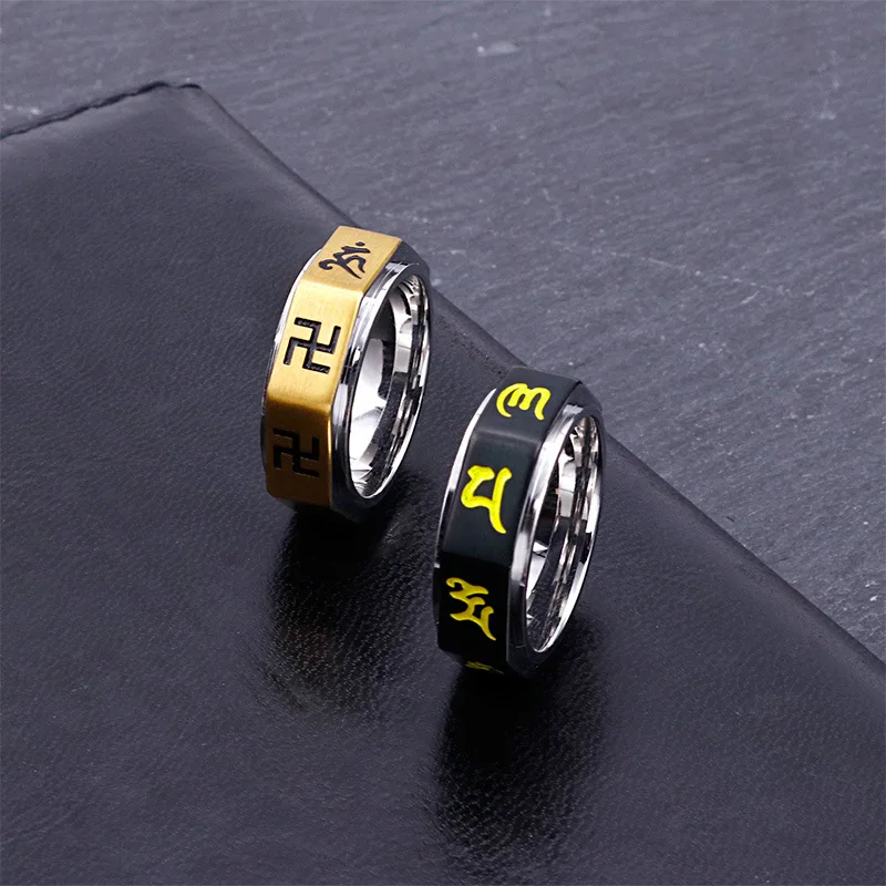 

Men's Vintage Prayer Stainless Steel Ring Punk Style Titanium Tibetan Buddhist Six-word Mantra Party Gift Men's Finger Ring