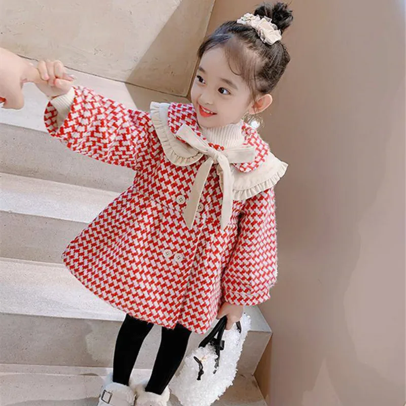 

Girls Woolen Coat Jacket Outwear 2022 Sweet Plus Thicken Spring Autumn Cotton Overcoat School Soft Gift Teenagers Tops Children'