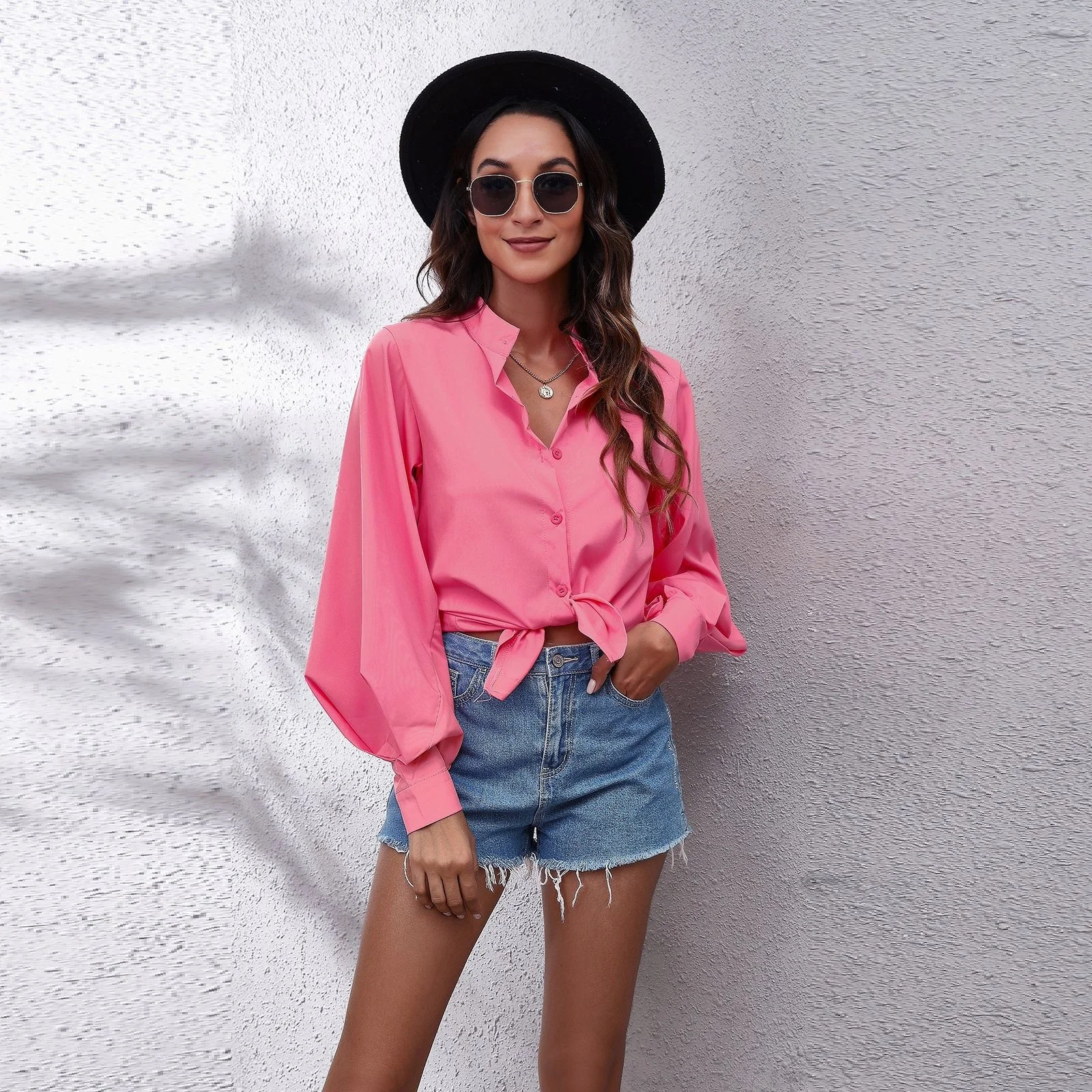

Women New Summer Casual Shirt Stand Collar Big Lantern Sleeve Shirt Women's Solid Color Long Sleeve Shirt New Chiffon Shirt