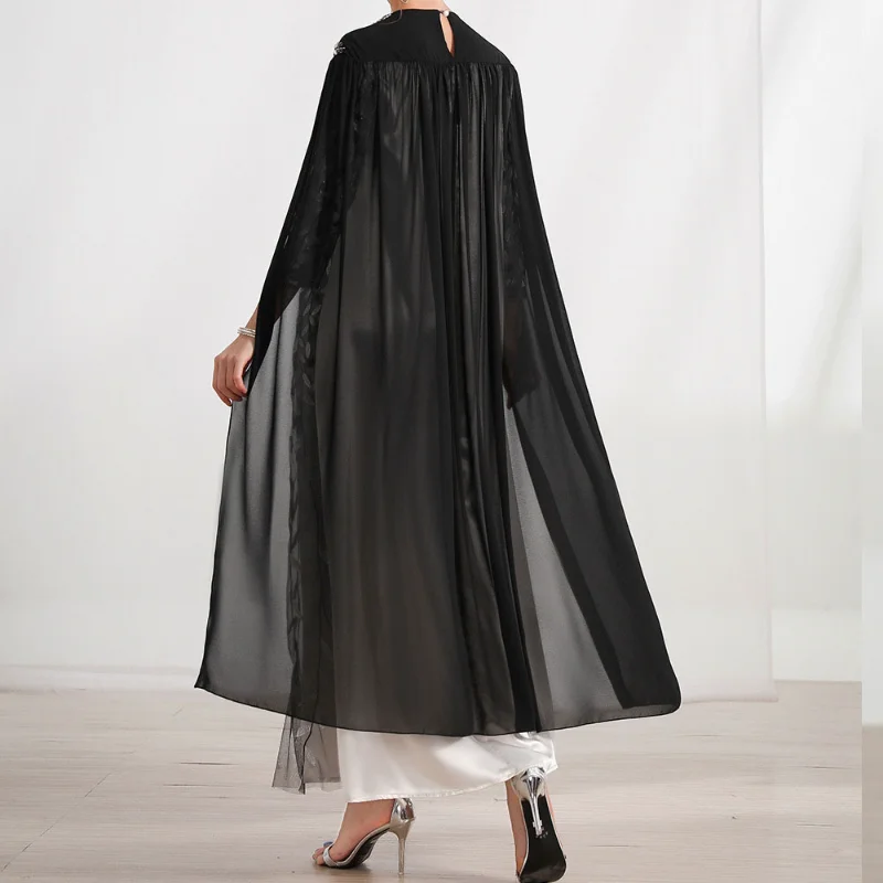 Cloak Evening Dresses  Moroccan Party Kaftan  Women Tulle Embroidered Rhinestone Gulf Banquet Jalabiya Muslim Dubai Black Abayas