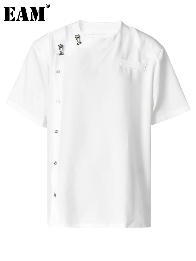 

[EAM] Женская белая Асимметричная блузка большого размера, новая свободная рубашка с круглым вырезом и коротким рукавом, модная весенне-летняя 2023 1DF9543