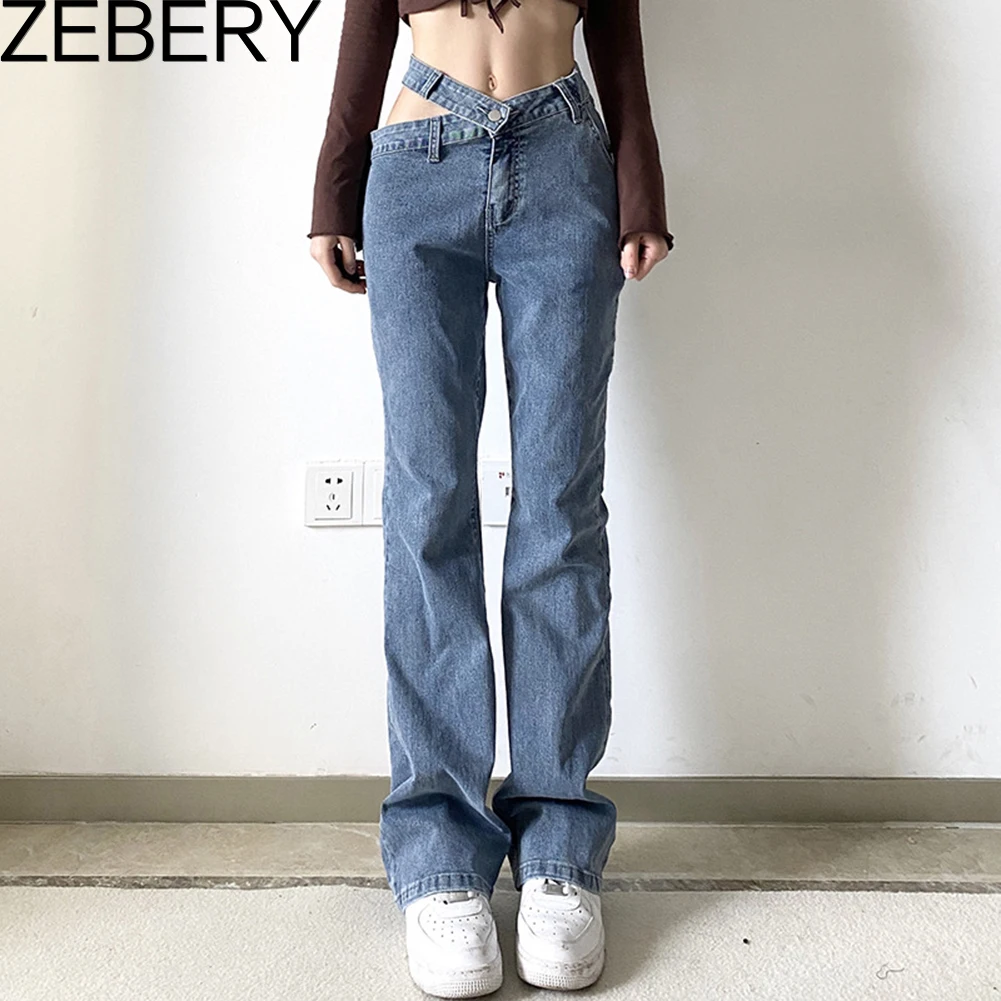 

ZEBERY Hollow Out Women Straight Jeans Korean Fashion Street Style Denim Solid Trousers Spring Lady Long Pants Harajuku 90S