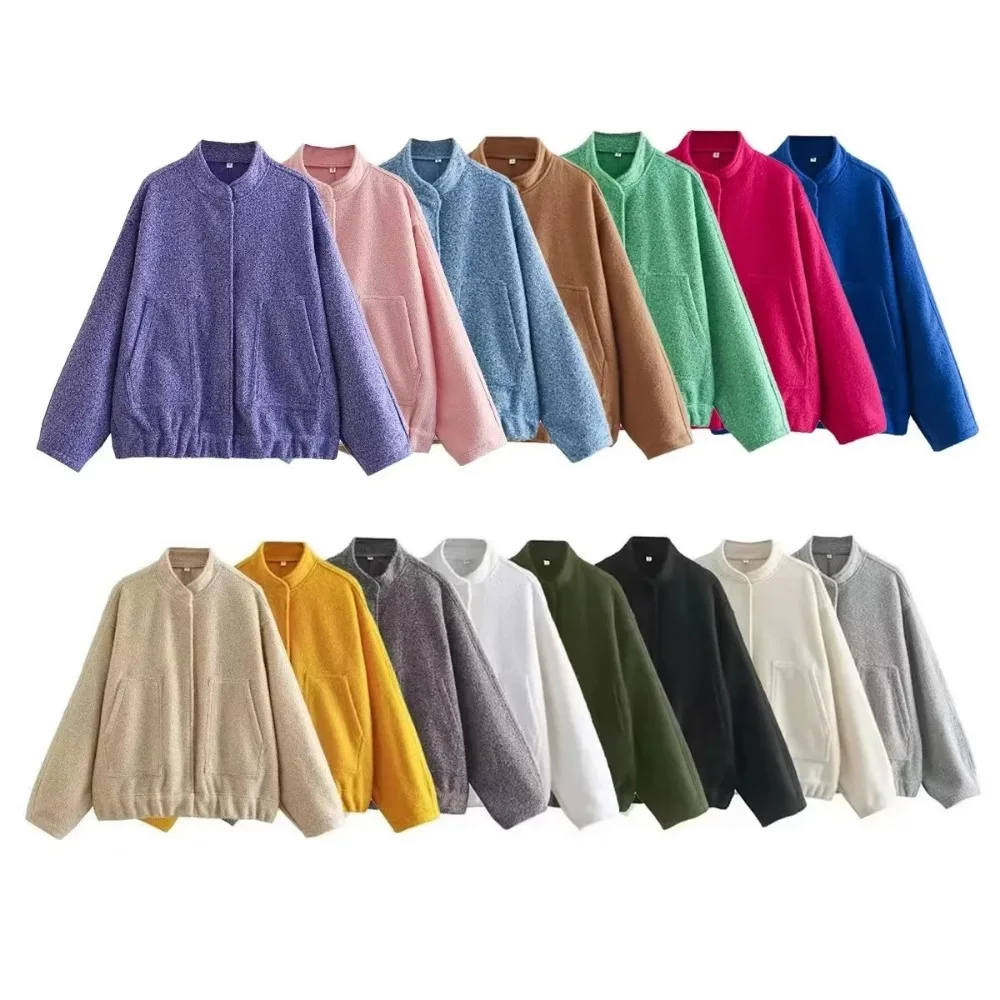 Фото Fashion Bomber Jacket Pockets Women Oversiezd Solid Coat Long Sleeve Thick Warm Baseball Jackes Autumn Winter Female Chic Tops №4