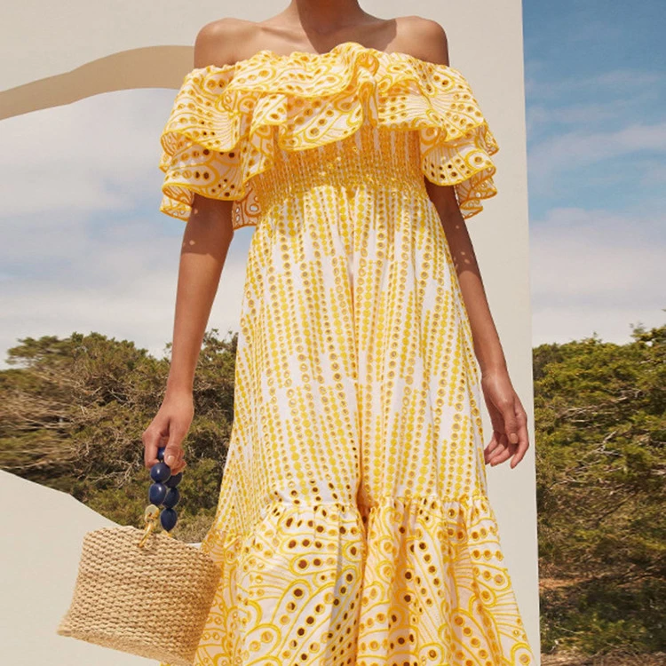 

Hollow out Embroidery Women Off-shoulder Midi Dress Double Layer Ruffles fashion Female Slash Neck Robes