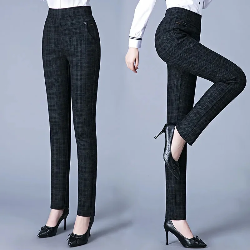 

Autumn Women Trousers New Grid Elastic High Waist Tight Casual Pants Female Winter Fleece Warm Pants Middle-aged Mother Pants6XL