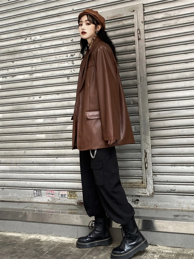 Korean Black Leather Moto Jacket Women Vintage Warm Loose Chic Leather Blazers Female Streetwear Fashion Casual Coat 2022 Autumn