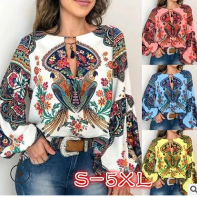 

Lugentolo Women Blouses New Print Summer Plus Size Fashion Personality Chiffon Round Neck Loose Lantern Sleeve Shirt